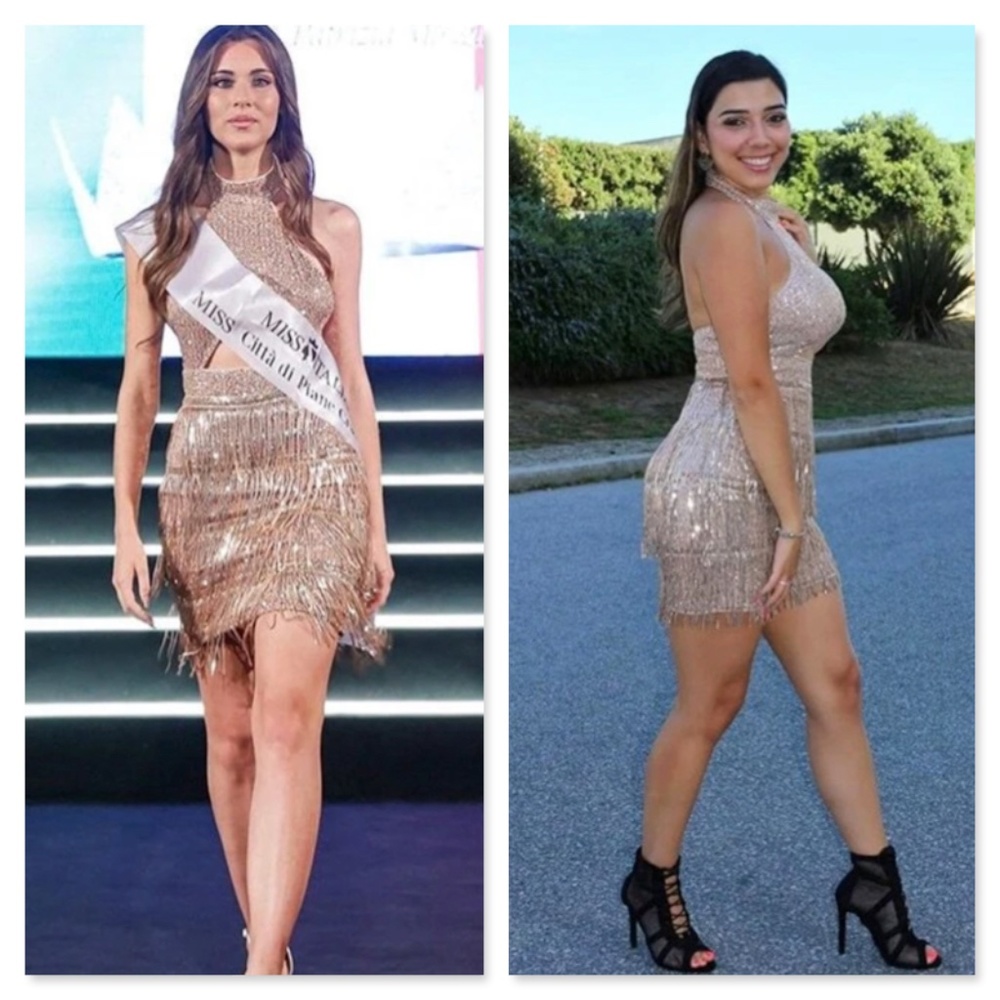 Rosegold Tan Champagne Sequined Tassel Cut Out Mini Short Dress Halter Neck - Picture 8 of 8